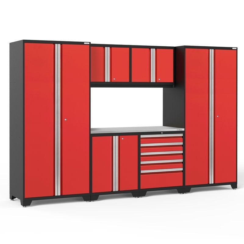 NewAge | Pro Series 7 Piece Cabinet Set with Base, Wall, Tool Drawer Cabinet, Lockers and 56 in. Worktop