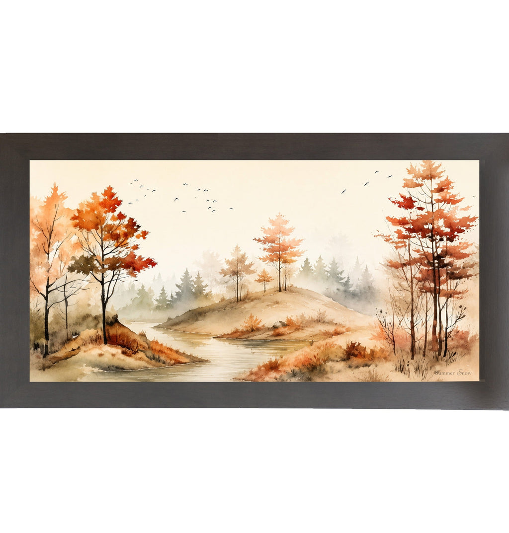 Autumn River Landscape Wall Art – Watercolor Fall Scenic Wide Landscape Farmhouse Decor (SB764)