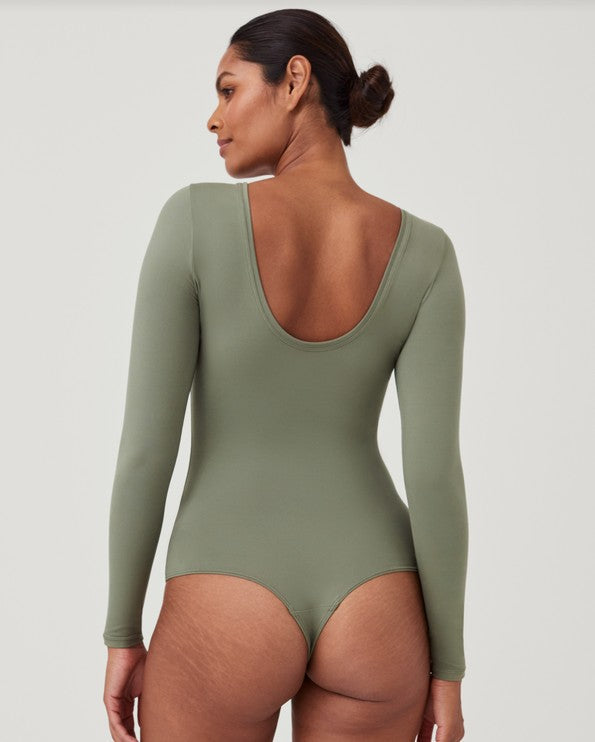 SPANX Suit Yourself Long Sleeve Scoop Neck Bodysuit - Dusty Olive
