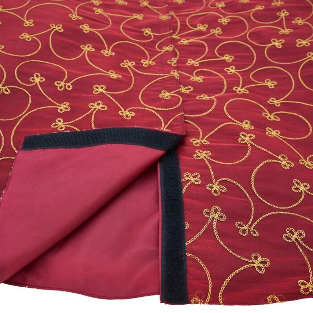 Fennco Styles Elegant Gold Embroidery Burgundy Christmas Tree Skirt, One Piece for Home, Holiday Decoration and Special Occasion