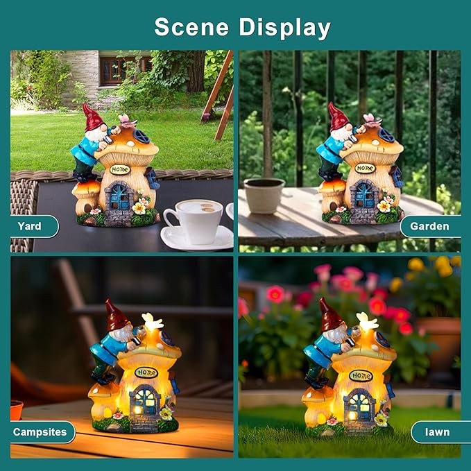 Garden Gnome Statues Figurine Lights - Solar Powered Lighting Outdoor Decorations, Gnome Build Mushroom Fairy House, Yard Art Lawn Ornaments for Porch Patio Balcony - Gnome Gifts Women's Mom