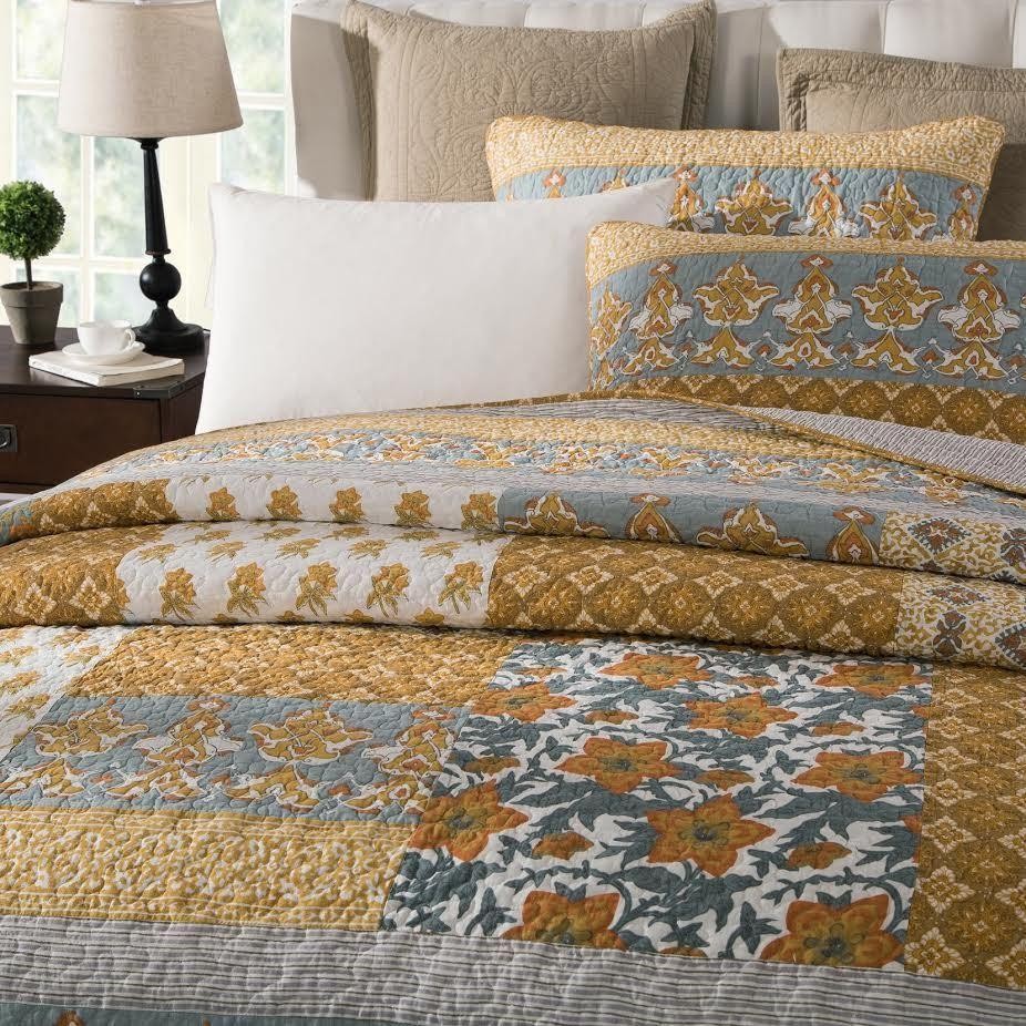 Tache 2-3 Piece Gilded Garden 100% Cotton Floral Gold Quilt Bedspread Set (JHW-631)