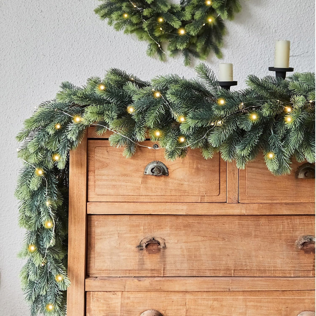 6FT PARTY JOY Seasonal Artificial Christmas Garland with LED String Lights Pine Needle Cypress Garland for Holiday Winter Indoor Outdoor Decor