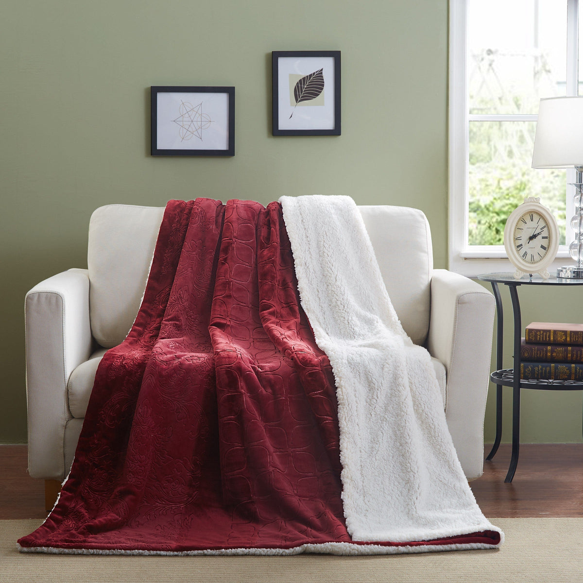 Tache Solid Embossed Merlot Red Reversible Sherpa Throw Blanket (62087)