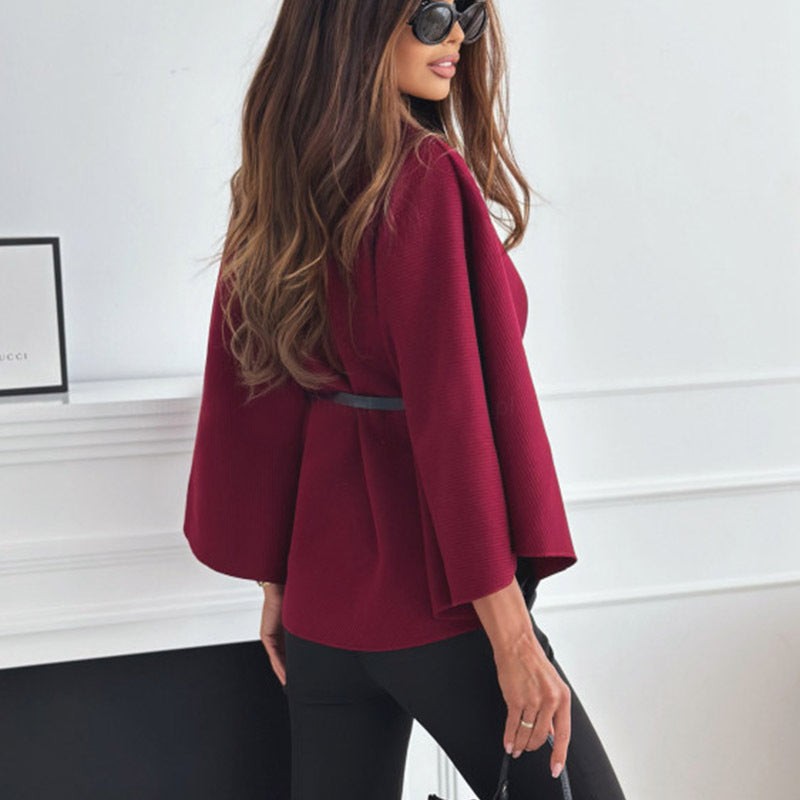 New Stand Collar Batwing Sleeves Cloak Top With Belt Ins Fashion Temperament Jacket Woolen Sweater Outwear Women's Clothing