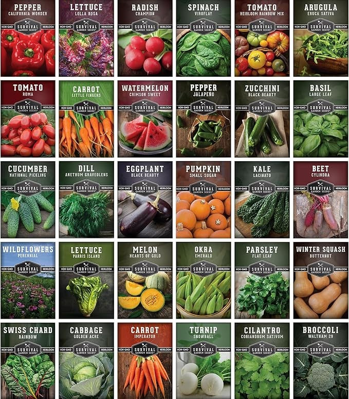 Survival Garden Seeds Home Garden Collection - 30 Pack with 18,500+ Non-GMO Heirloom Vegetable, Fruits, Herb Seed Varieties for Planting - Plant & Grow Survival Food & Emergency Preparedness Gear