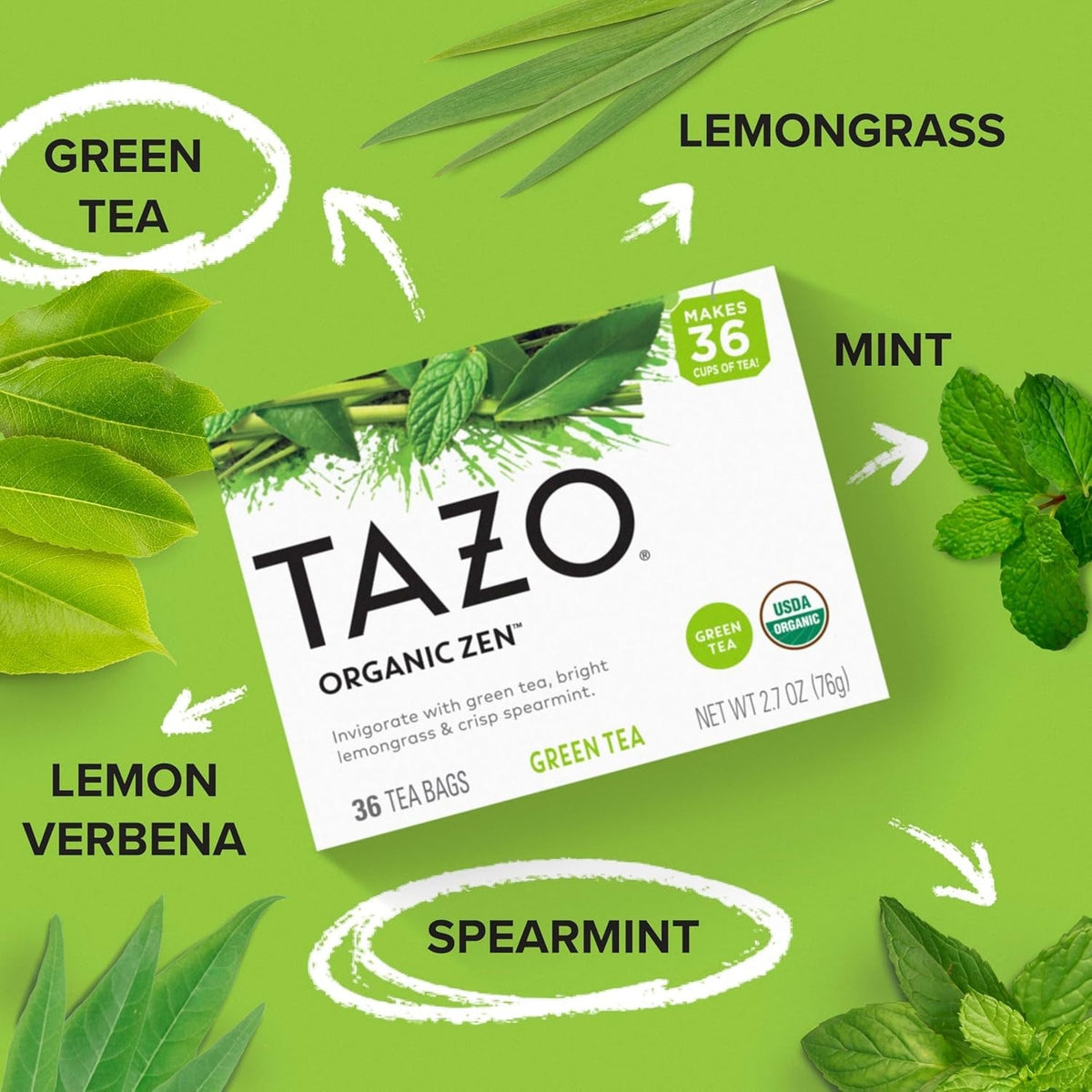 TAZO Organic Zen Green Tea — Spa-Inspired Lemongrass Spearmint Tea for Bath Time and Journaling Breaks