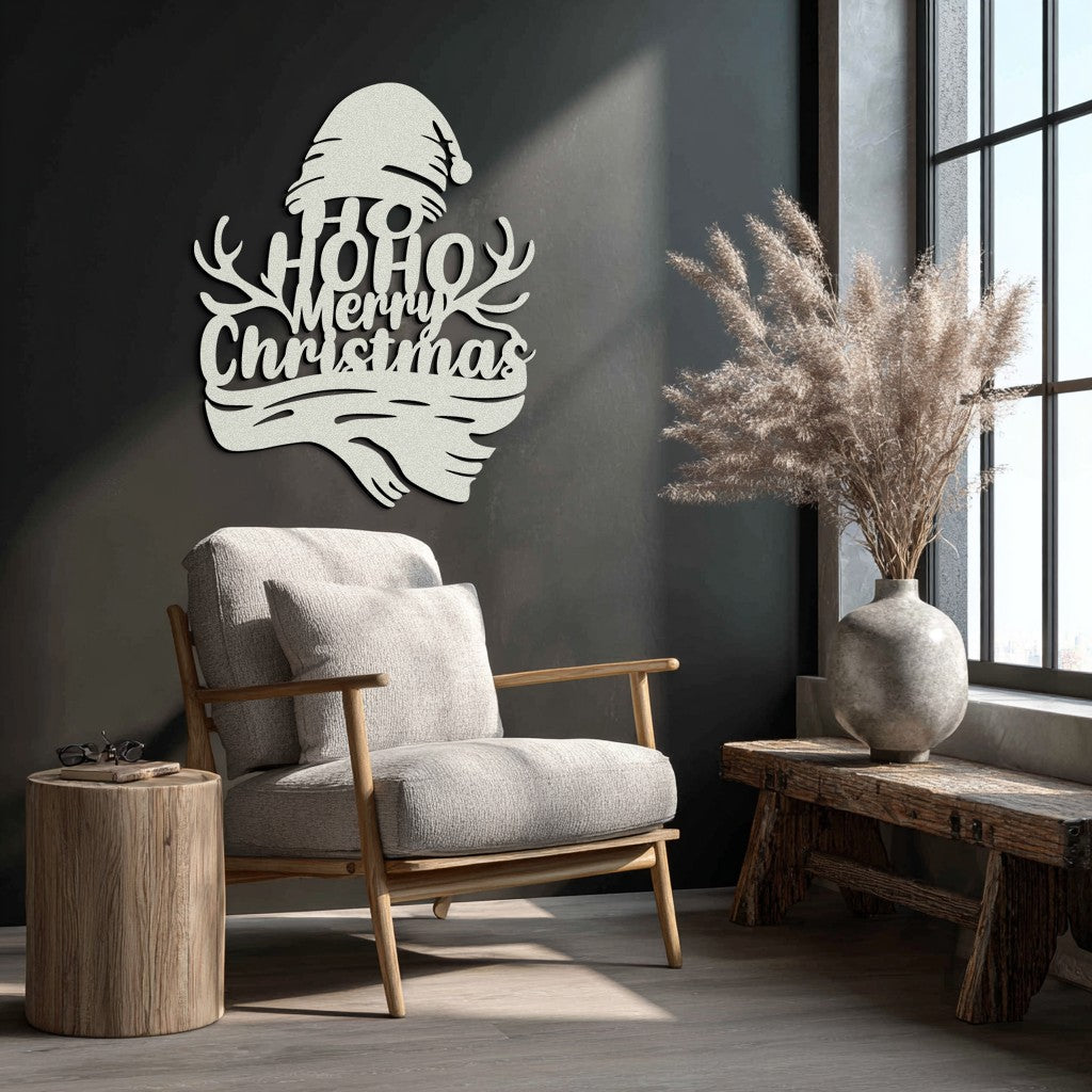 Ho Ho Ho Merry Christmas Metal Wall Art - Festive Reindeer Antlers Holiday Decor- KAF313