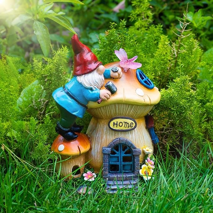 Garden Gnome Statues Figurine Lights - Solar Powered Lighting Outdoor Decorations, Gnome Build Mushroom Fairy House, Yard Art Lawn Ornaments for Porch Patio Balcony - Gnome Gifts Women's Mom