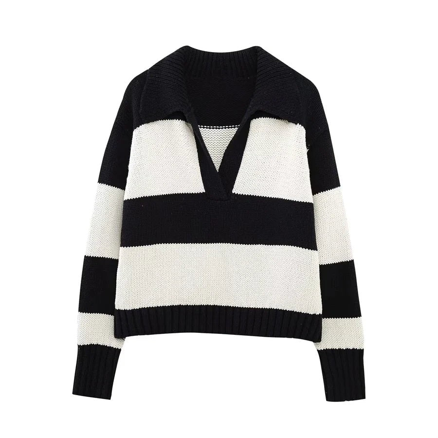 Women Fashion Black Striped Knit Sweater Spring Vintage Polo Neck Long Sleeve Female Pullovers Chic Tops