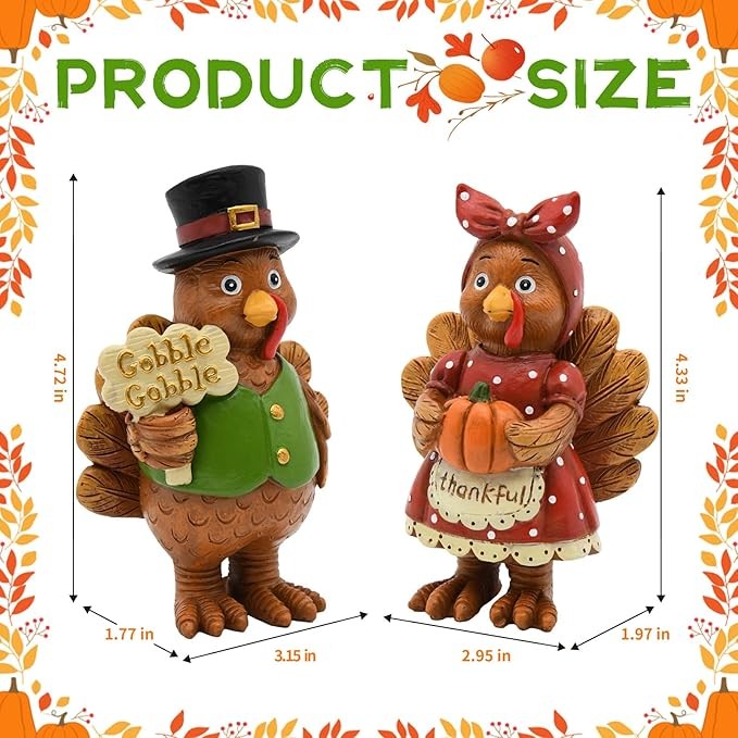 Thanksgiving Turkey Decor - 2Packs Resin Turkey Couple Standing Figurines Thanksgiving Decorations- Fall Decor Indoor for Tables Centerpieces Harvest Farmhouse Kitchen
