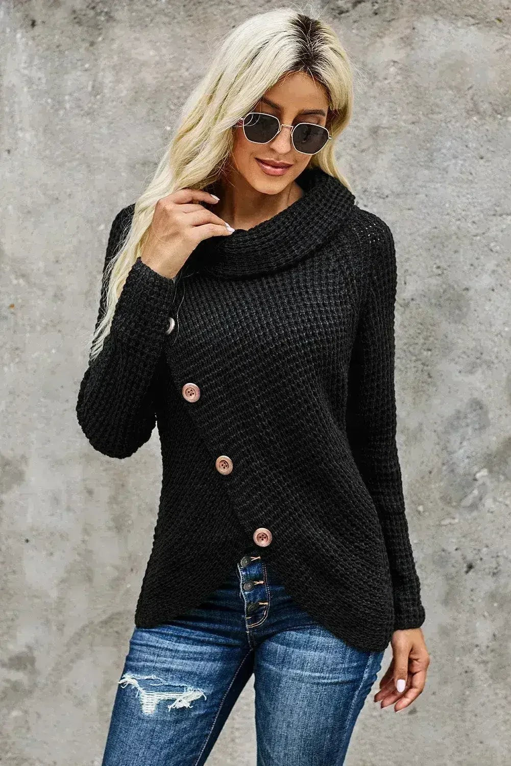 Black Buttoned Wrap Turtleneck Sweater