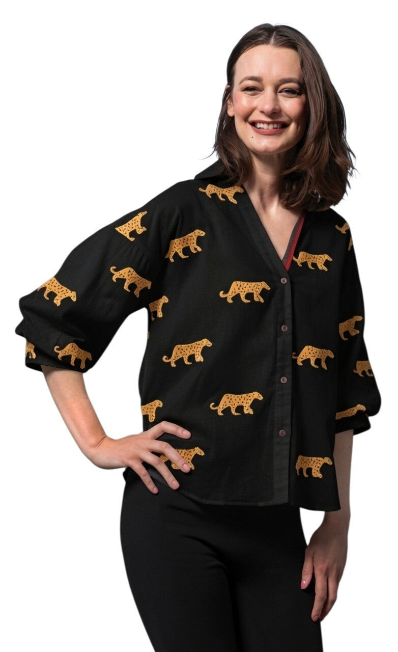 Milano Top Black with Embroidered Cheetahs