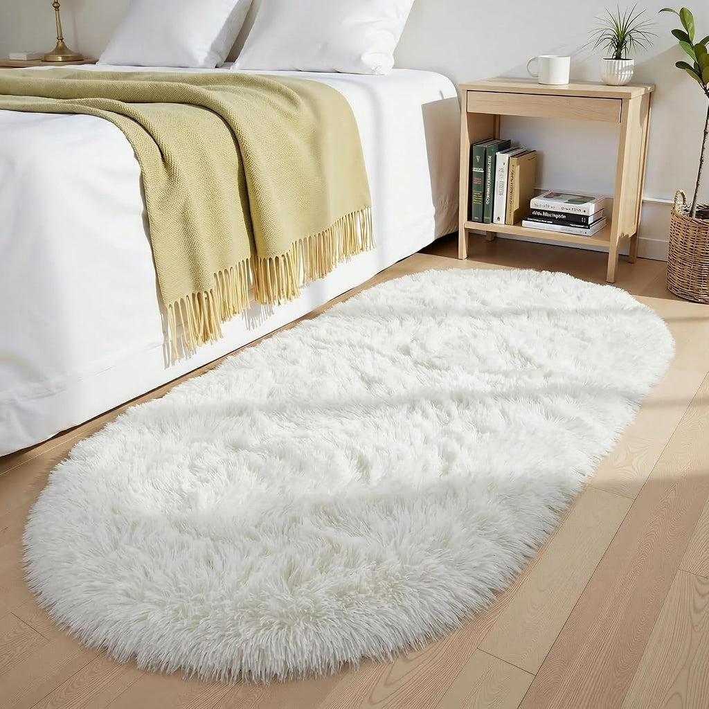 Ivory Fluffy Oval Rug 2.6x5.3 Ft — Soft Washable Shag Rug