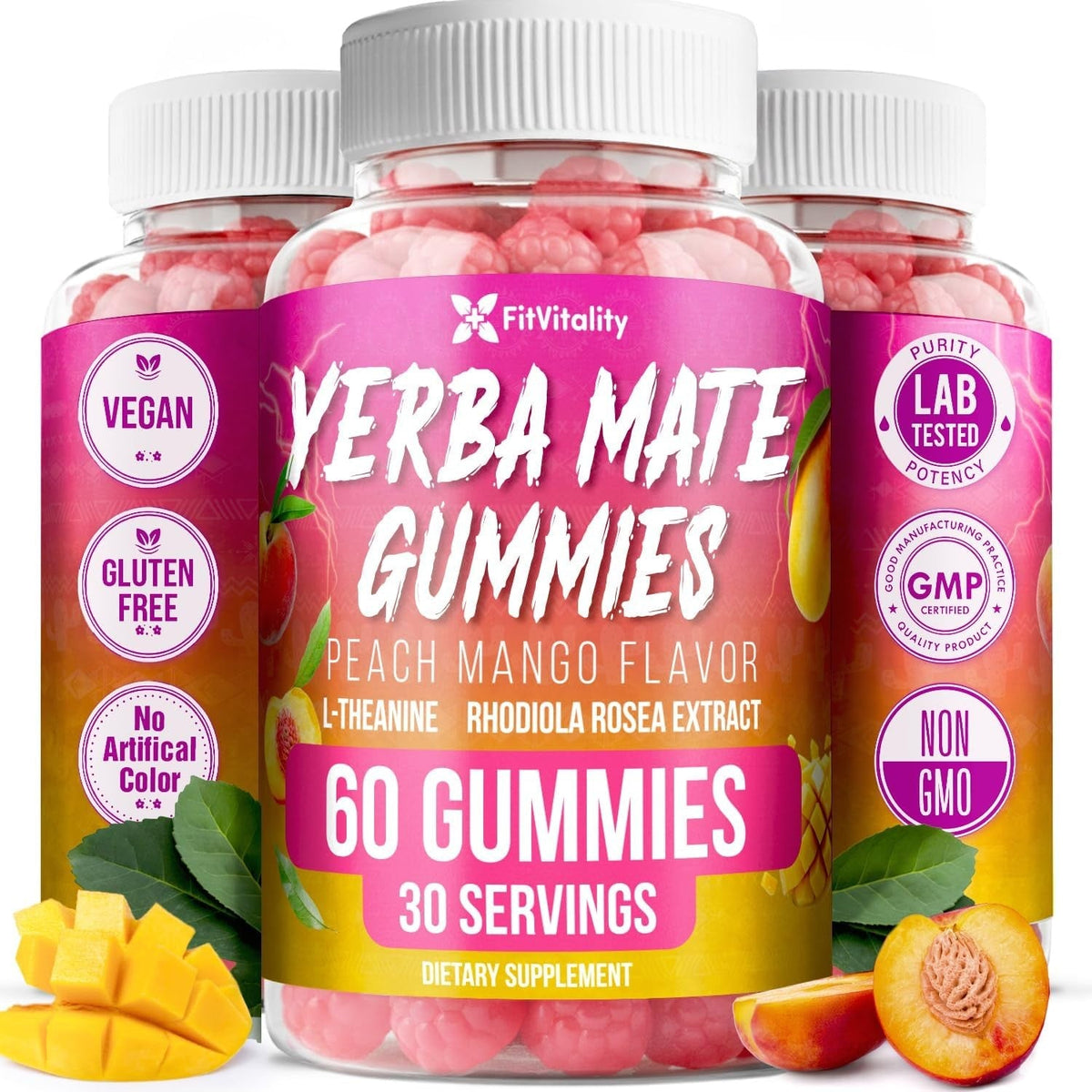 Yerba Mate Gummies – Super Focus & Energy Support – Formulated with Yerba Mate Extract, L-Theanine, Rhodiola, Ginseng, Choline, B12 – Peach Mango Flavor