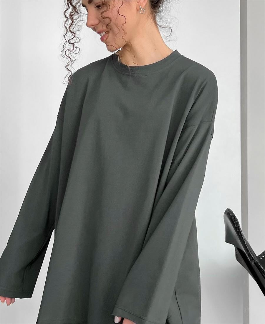 Spring Autumn Cotton Long Sleeved Tee Women Hand Worn Loose Top