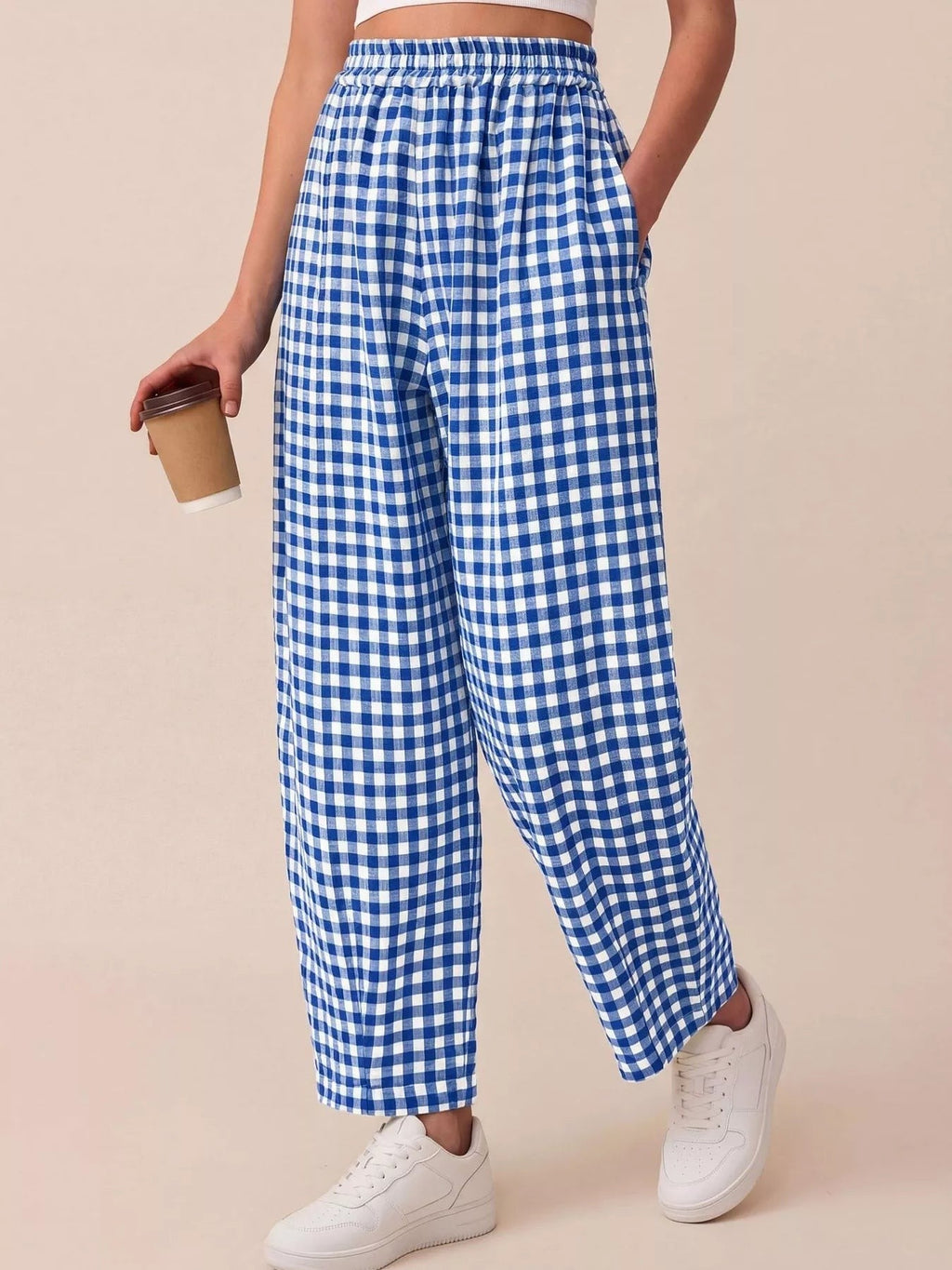 Gingham Wide-Leg Casual Pants