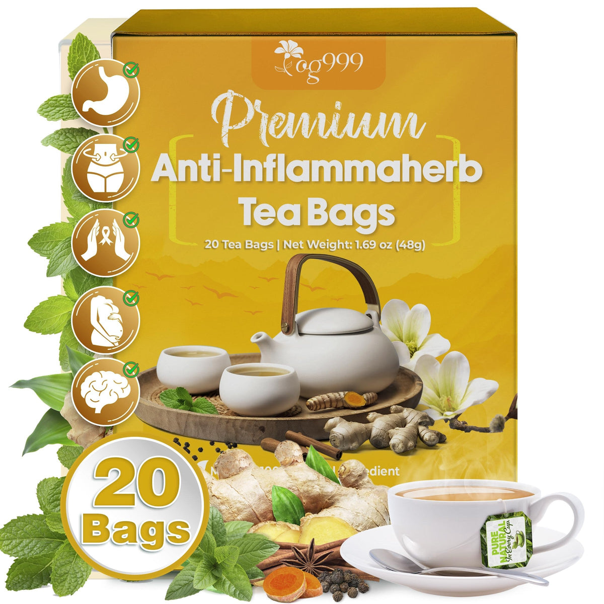 TOG999 Anti-Inflammatory Herbal Tea Blend – Mindful Morning Cup for Gut Health and Stress Relief at Home