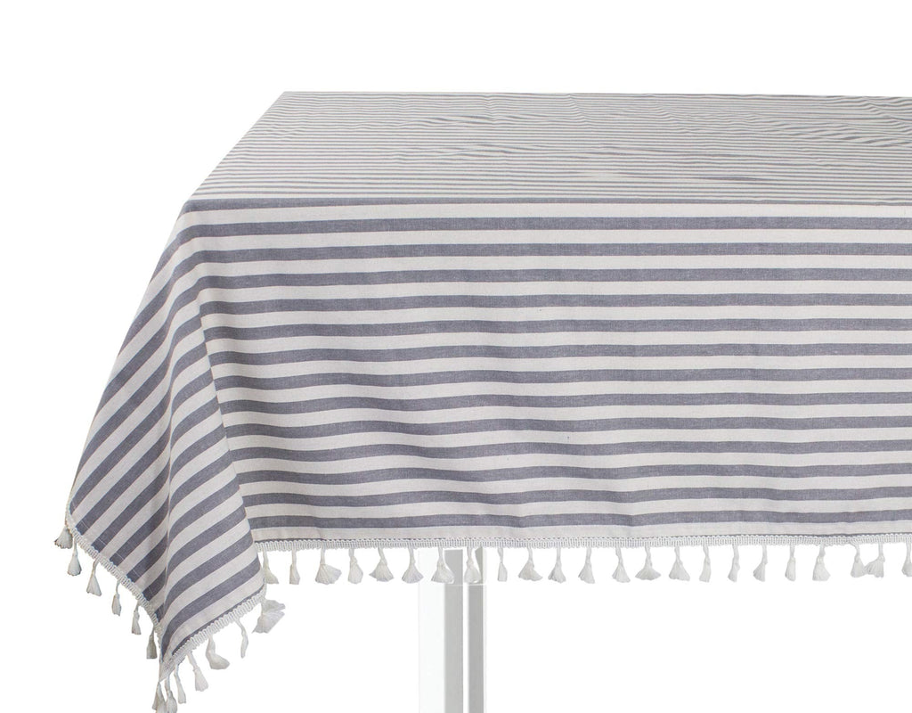 Fennco Styles Simply Striped Tassel Cotton Blend 55 x 55 Inch Tablecloth - Green Table Cover for Banquets, Holiday, Special Events, Outdoor and Home Décor