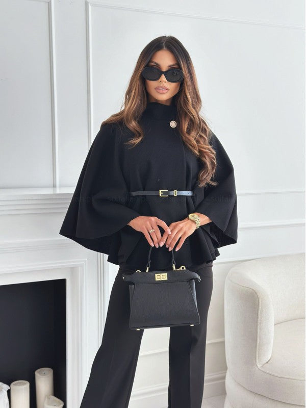 New Stand Collar Batwing Sleeves Cloak Top With Belt Ins Fashion Temperament Jacket Woolen Sweater Outwear Women's Clothing