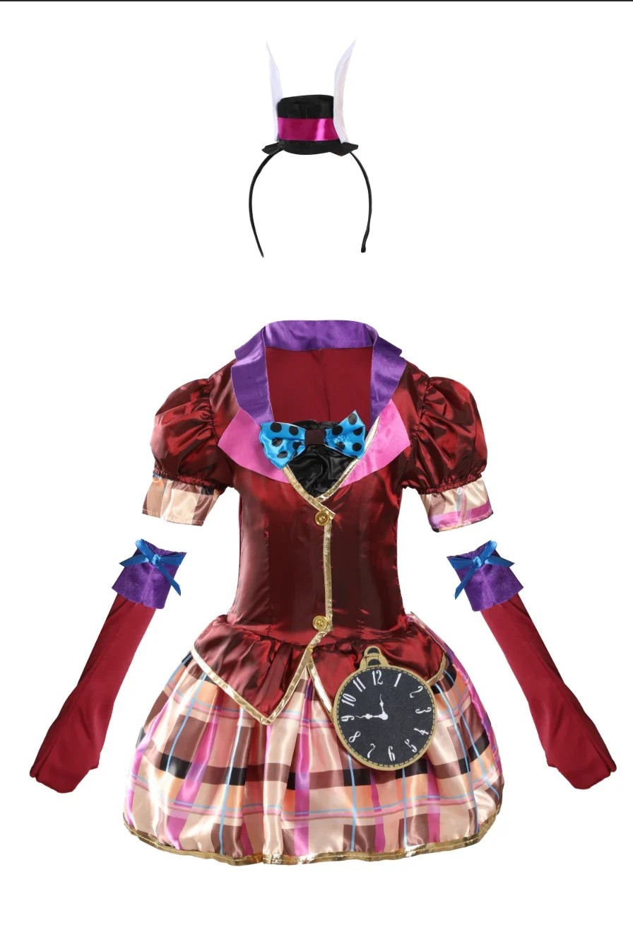 Girls fancy dress costume set includes plaid dress, bow tie, long arm sleeves and bunny ear top hat headband for Halloween and theme party dress up