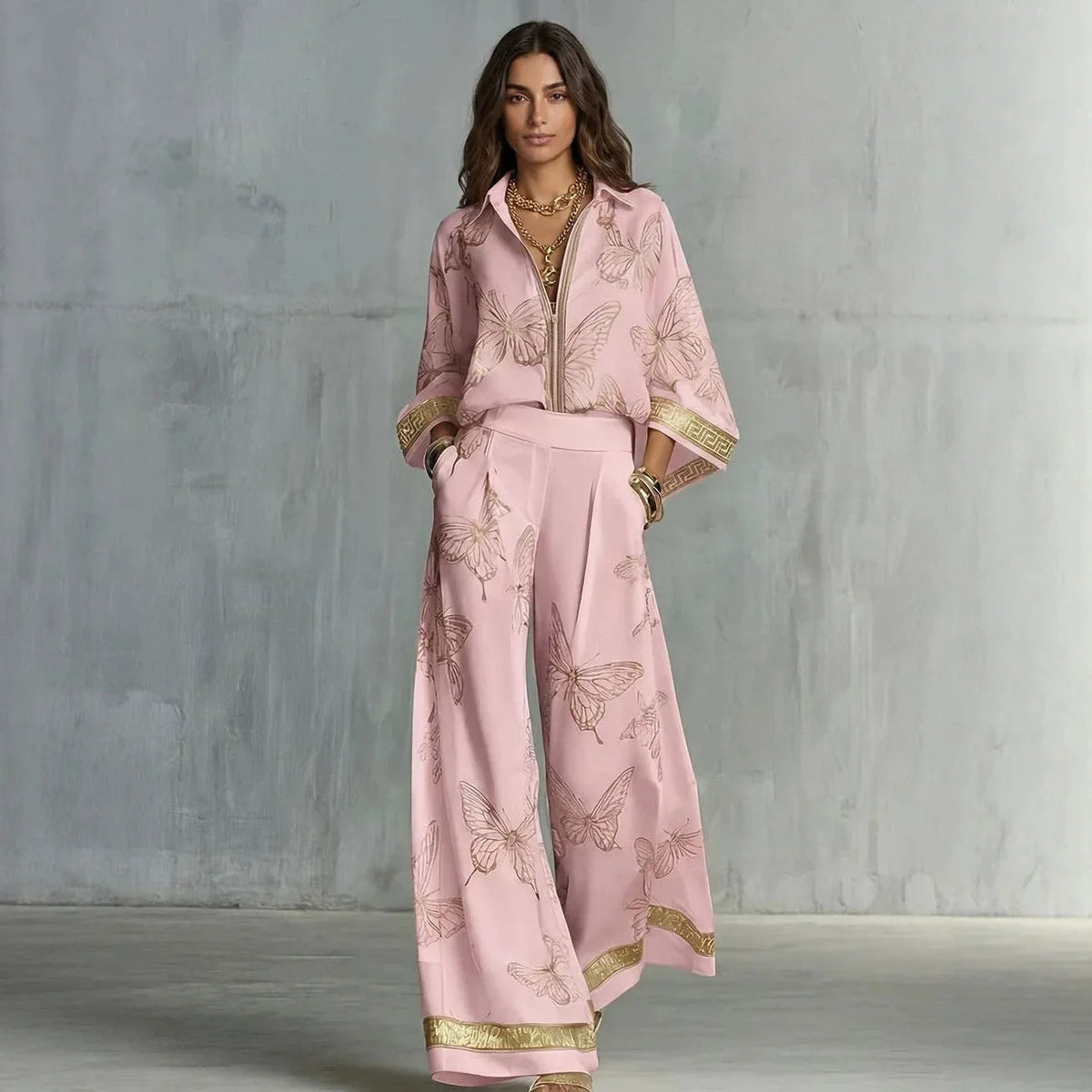 Fashion Set Women's Autumn 2026 New Loose Lapel Zipper Long Sleeve Coat Top Wide Leg Pants Two Piece Set Leisure Print Outfits