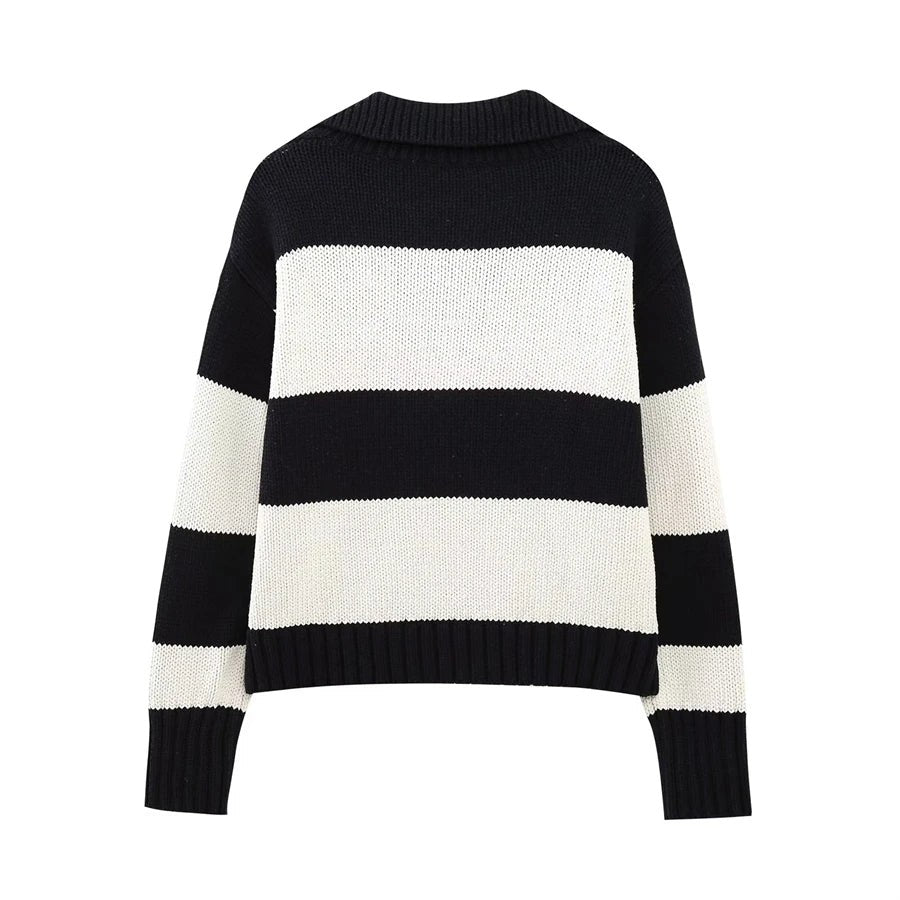 Women Fashion Black Striped Knit Sweater Spring Vintage Polo Neck Long Sleeve Female Pullovers Chic Tops