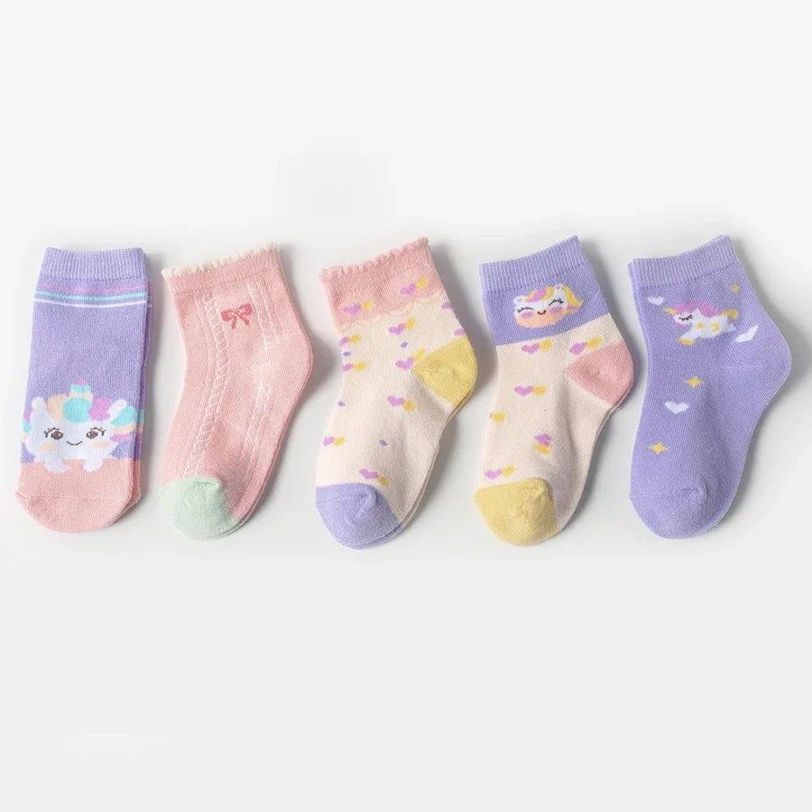 Kids Cartoon Unicorn Mid Calf Socks 5 Pairs Girls Bow