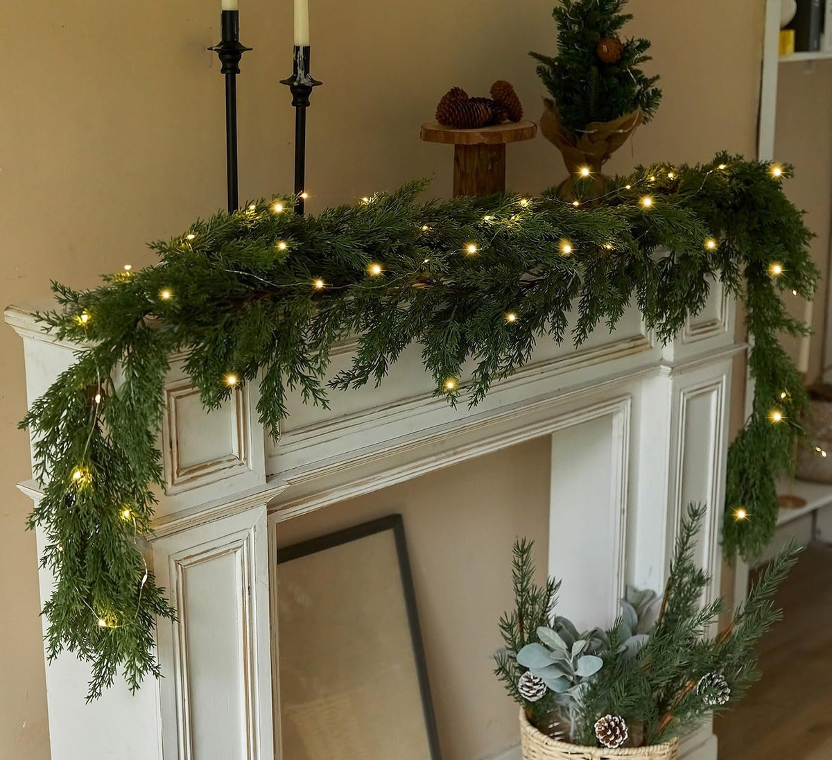 6FT PARTY JOY Seasonal Artificial Christmas Garland with LED String Lights Pine Needle Cypress Garland for Holiday Winter Indoor Outdoor Decor