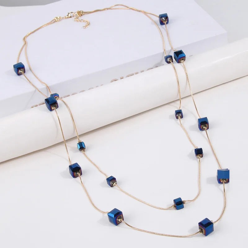 Gold Square Bead Sweater Chain Necklace | Double Layer Glass Pendant Jewelry Women's