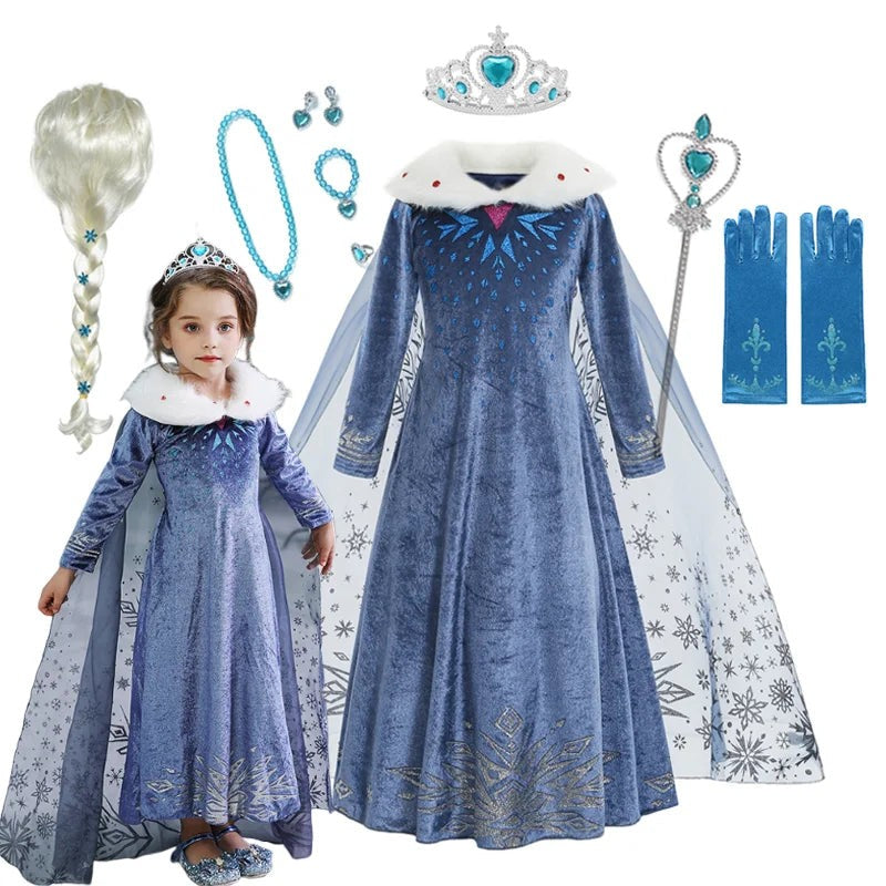 Girls Elsa Snow Queen Princess Costume Dress – Winter Cosplay Outfit