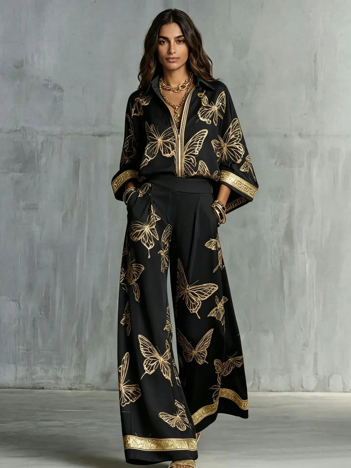 Fashion Set Women's Autumn 2026 New Loose Lapel Zipper Long Sleeve Coat Top Wide Leg Pants Two Piece Set Leisure Print Outfits