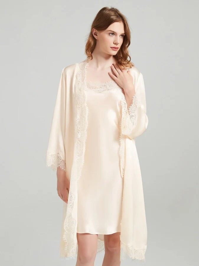 19 Momme Lace-Trim 100% Mulberry Silk Robe & Camisole Set – Women's Sleepwear Loungewear