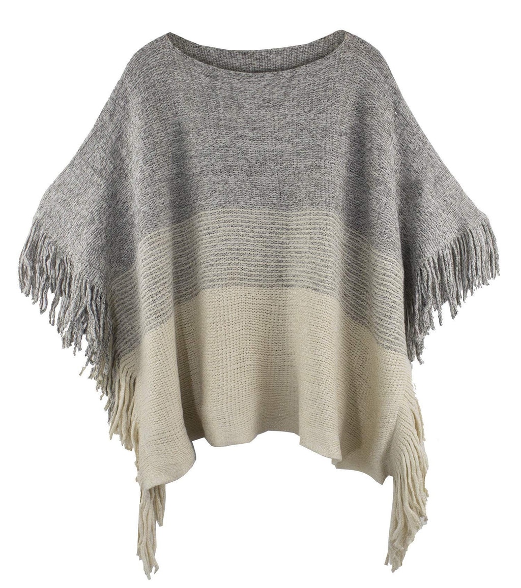 stylesilove Womens Knit Two Tone Batwing Fringe Poncho Cardigan Pullover Cozy Sweater Wrap Jacket