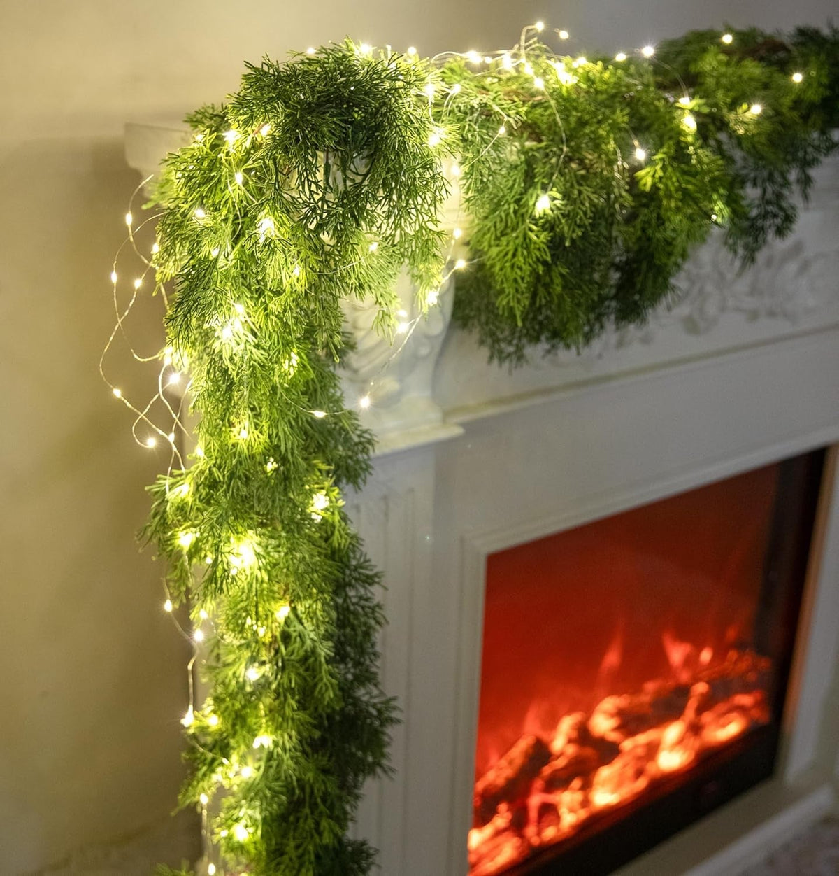 6FT PARTY JOY Seasonal Artificial Christmas Garland with LED String Lights Pine Needle Cypress Garland for Holiday Winter Indoor Outdoor Decor
