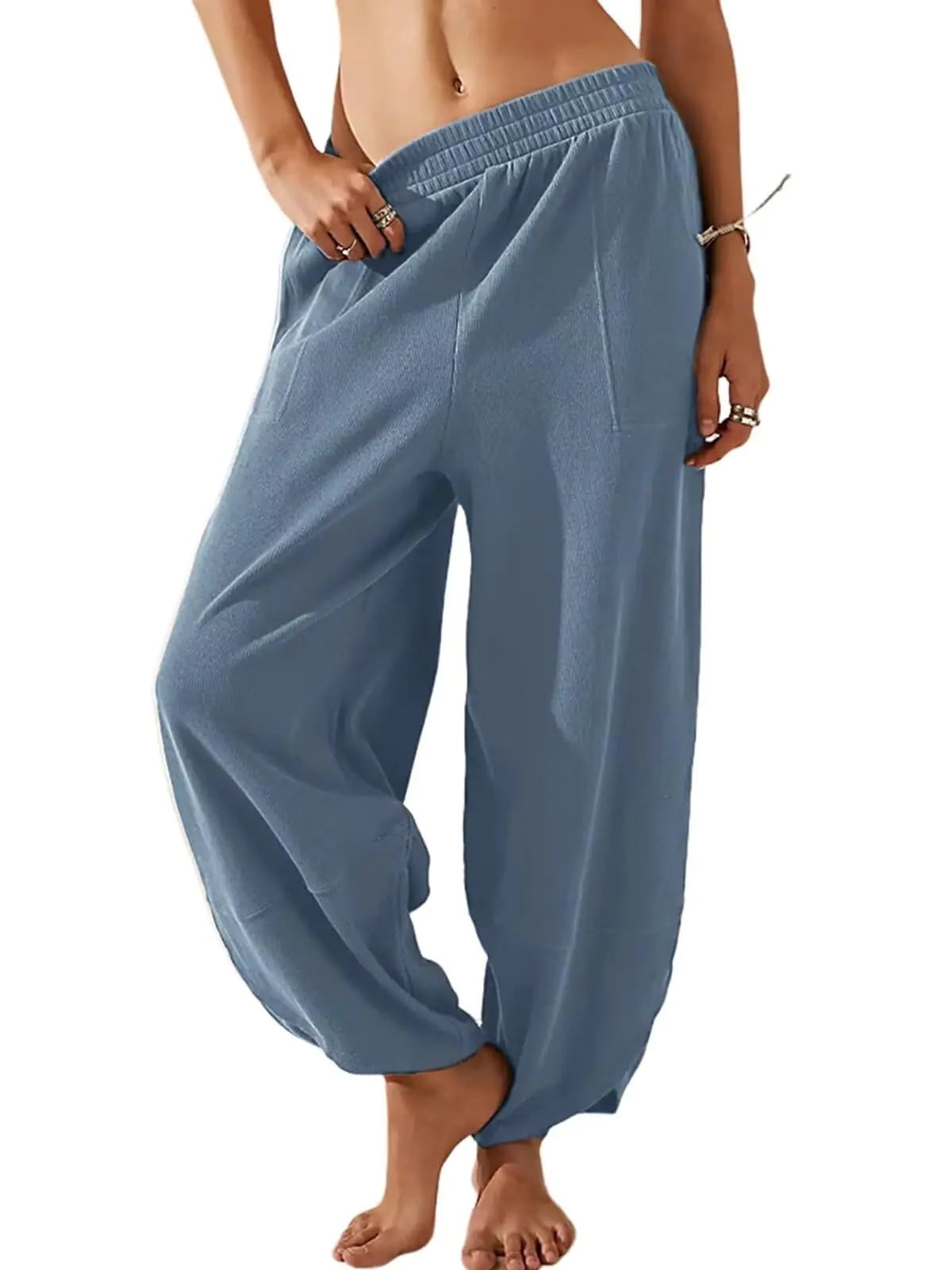 EGUGYDW Womens Baggy Wide Leg Pants Elastic High Waisted Palazzo Harem Trousers with Pockets Blue S - # GIAA23410013