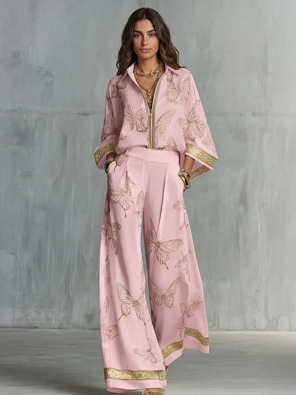 Fashion Set Women's Autumn 2026 New Loose Lapel Zipper Long Sleeve Coat Top Wide Leg Pants Two Piece Set Leisure Print Outfits