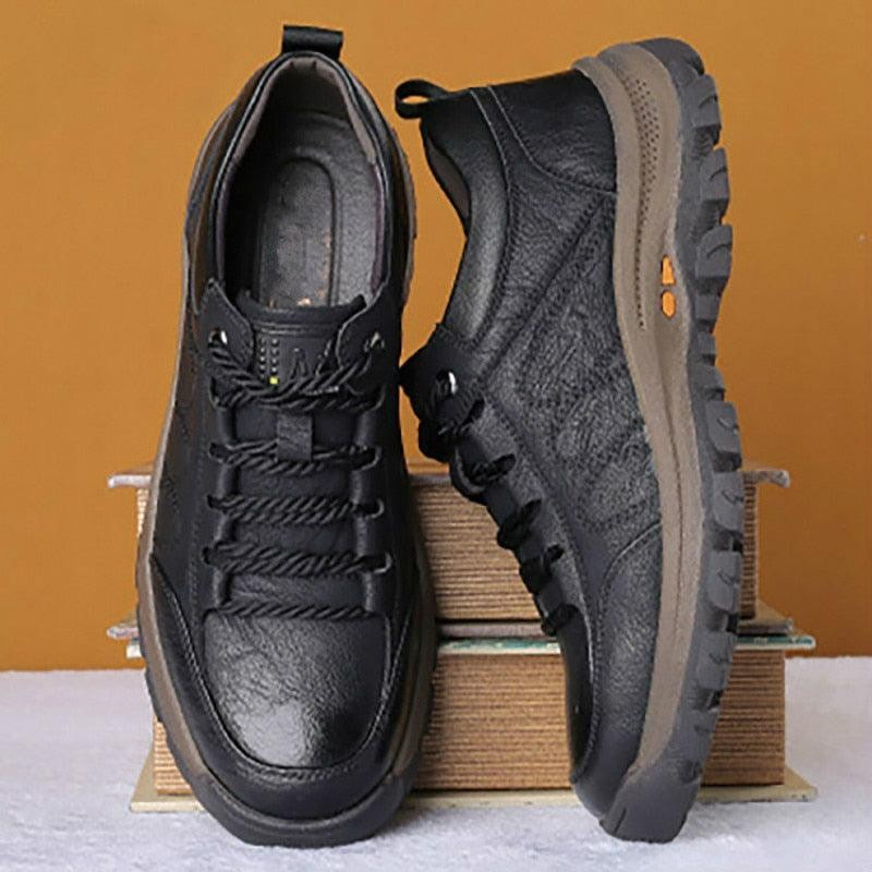 Business Black Leather Mens Casual Shoes Spring Lace-up Platform Travel Shoes Wear-Resistant Shoes Elegant Style Men's Shoes Flat Round Toe Fashion Dress Shoes For Men