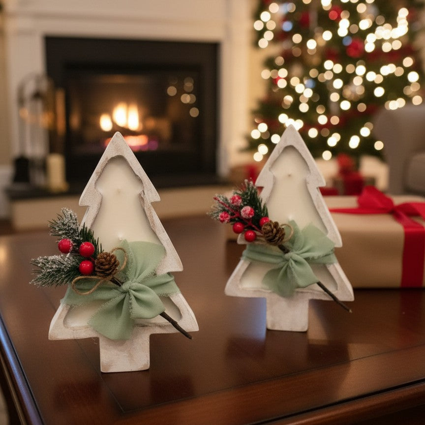 Christmas Tree Candle in Wood Bowl | Large Sculptural Soy Wax Holiday Centerpiece