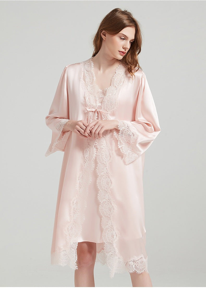 19 Momme Lace-Trim 100% Mulberry Silk Robe & Camisole Set – Women's Sleepwear Loungewear
