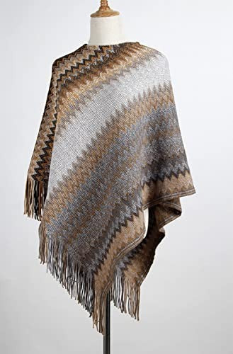 stylesilove Women Autumn Winter Knitted Zig-Zag Pullover Fringe Poncho Sweater Chevron Wrap Cape Lightweight Shawl