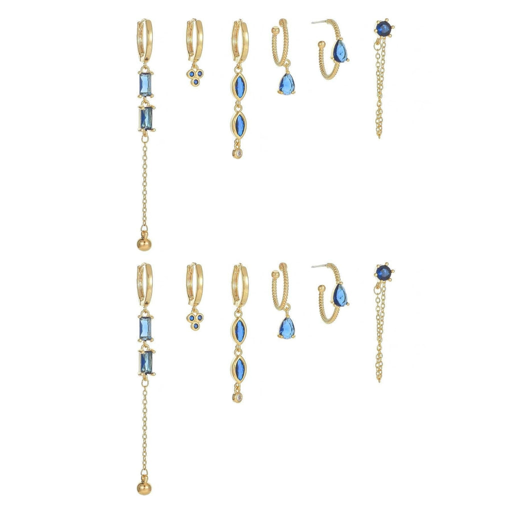 Stacking 6 Pieces Long Tassel Vintage Earring Set with Micro-Pavé Dazzling Blue Zircons, 18k Gold Plated Ear Studs & Ear Drops, S925 Needle