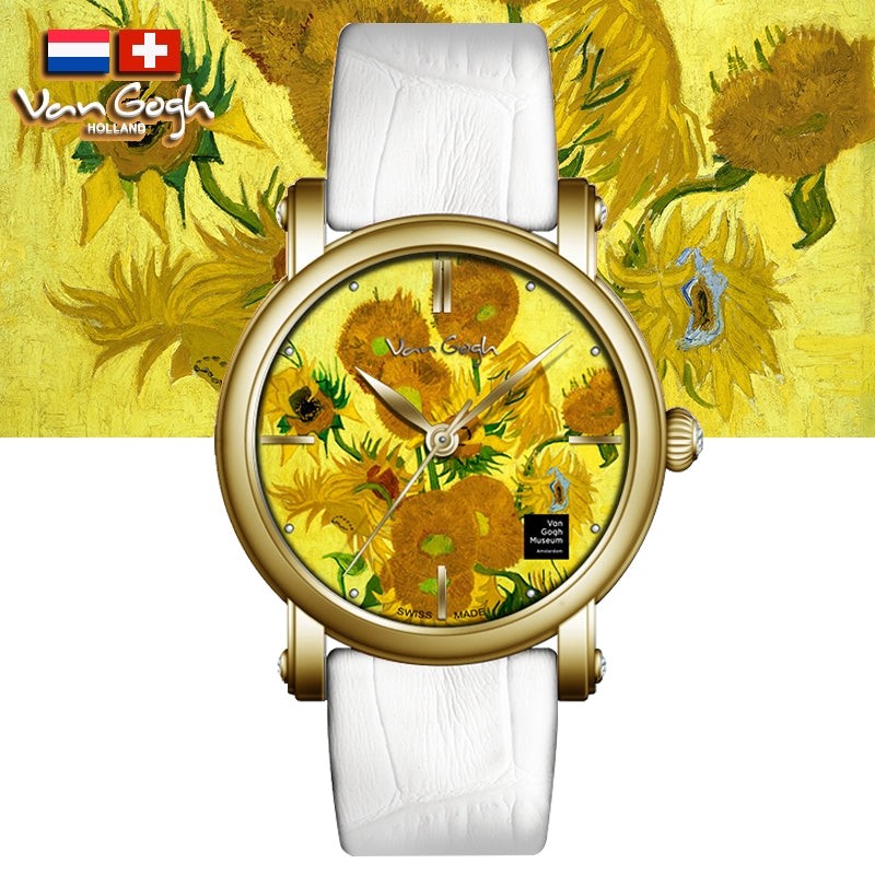 Van Gogh Women's Quartz Watch 3D Printed Oil Painting Dial Steel Strap Sunflowers