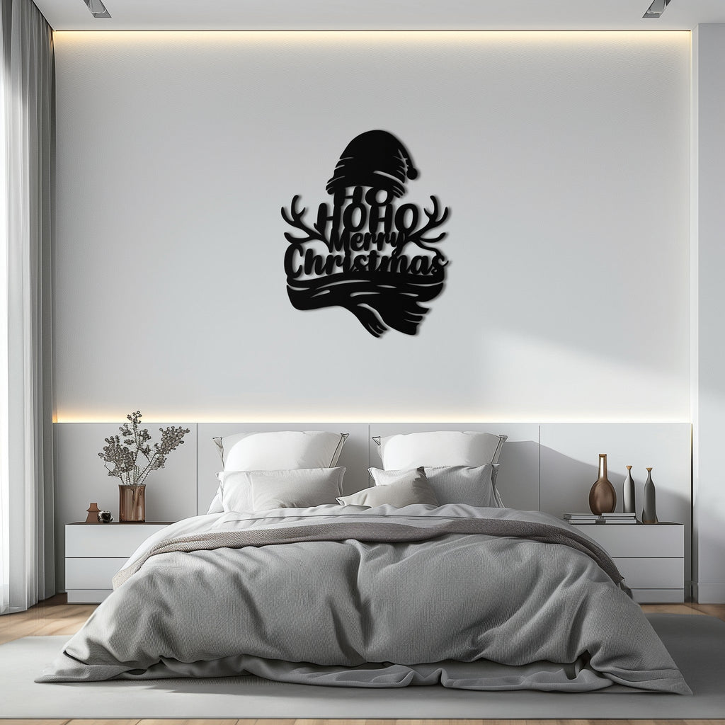 Ho Ho Ho Merry Christmas Metal Wall Art - Festive Reindeer Antlers Holiday Decor- KAF313