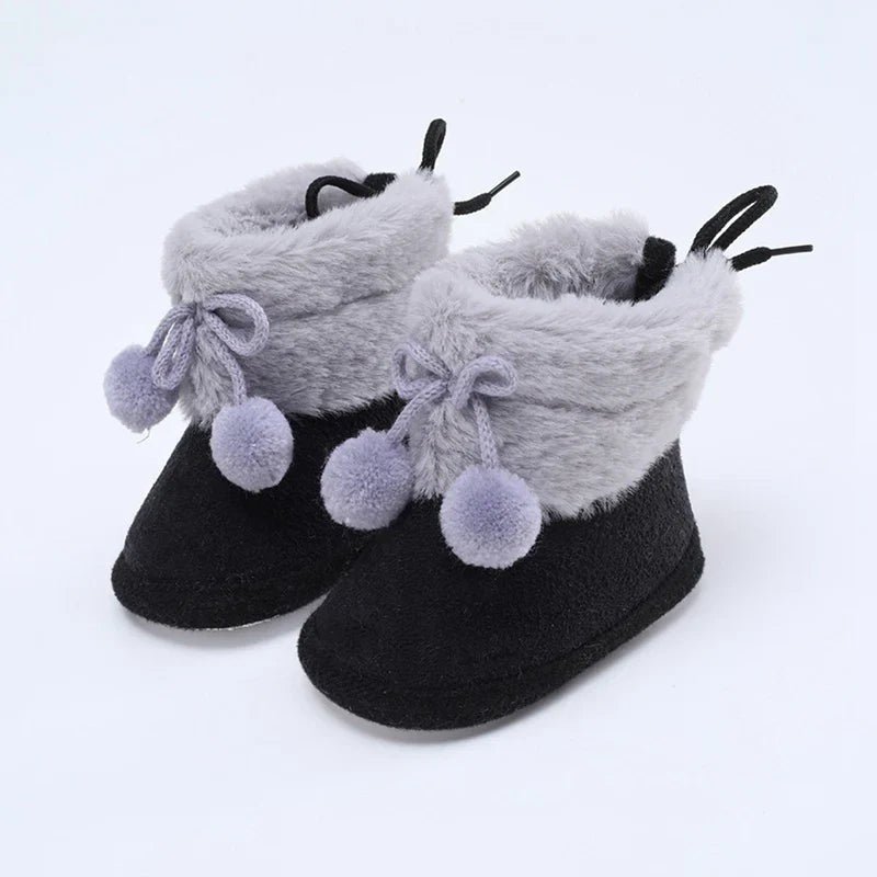 Winter Plus Velvet Snow Booties for Baby, Warm Boots Shoes, Baby Girl Shoes with Pompom, Soft Sole Indoor Walking Shoes