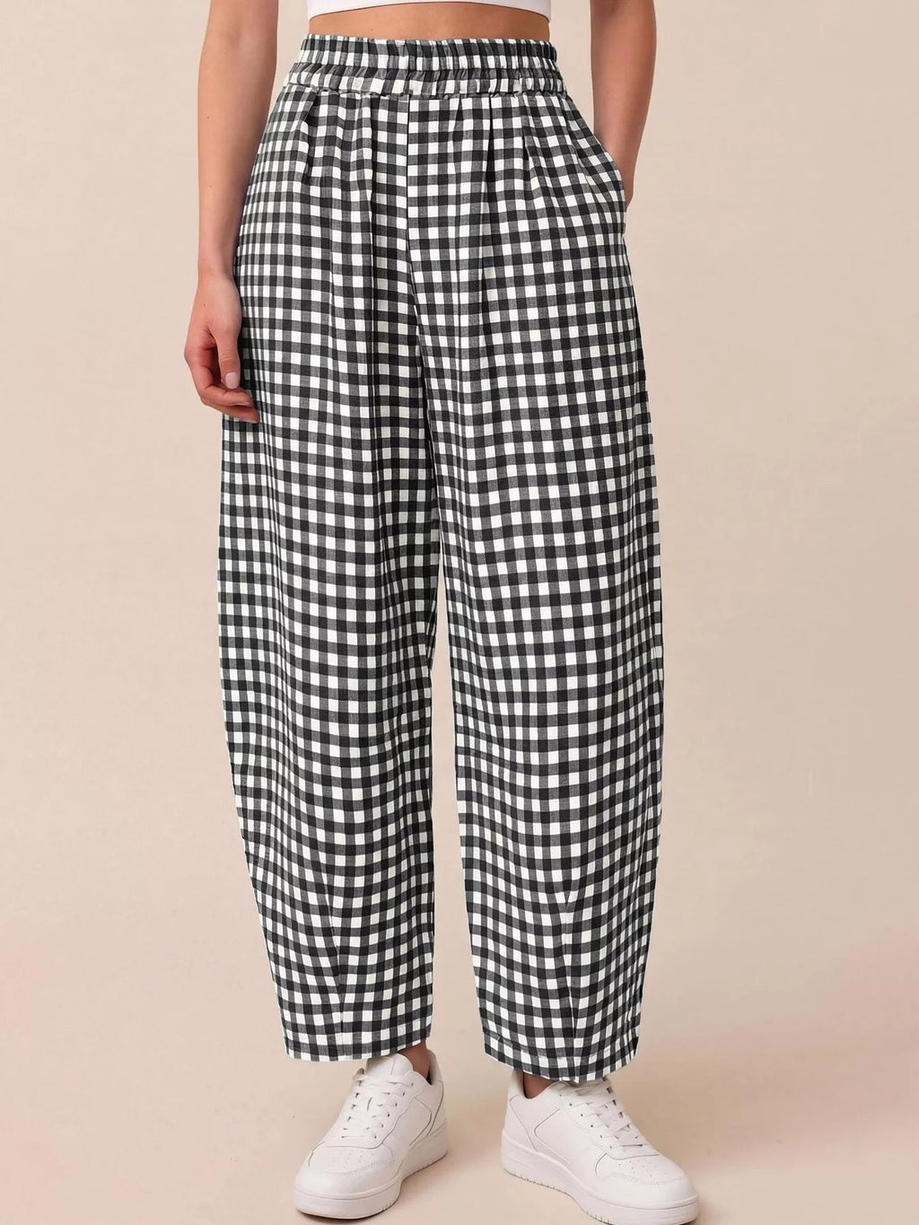 Gingham Wide-Leg Casual Pants