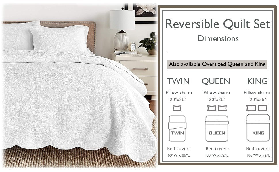 Serenity White Victorian Scalloped Medallion Floral Pure Solid Cotton Reversible Quilt Bedding Set
