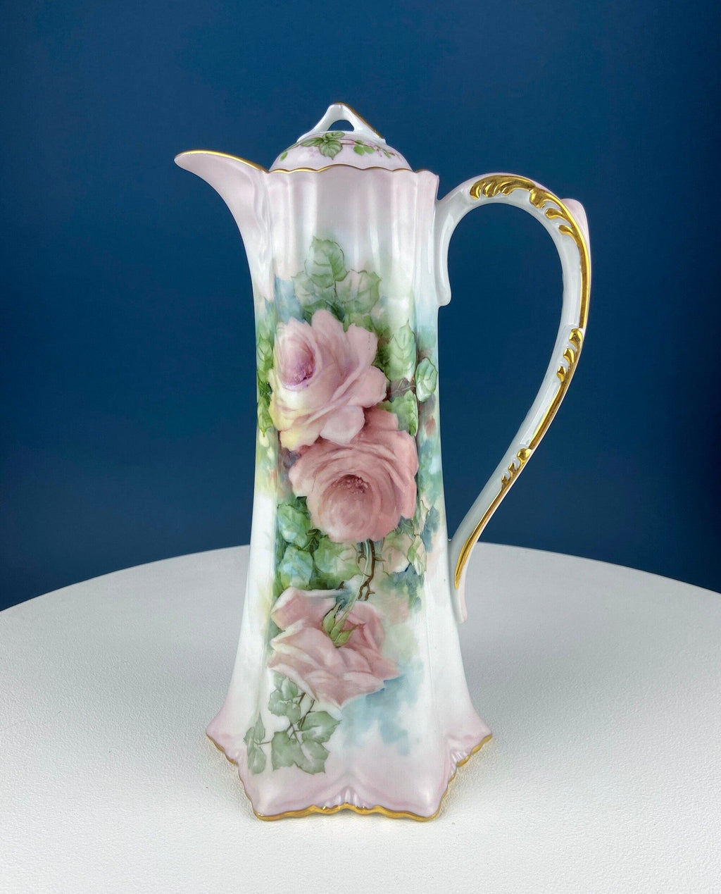 Tall, 11-Inch Antique Hand Painted Hot Chocolate Pot. Stunning Peach Color Roses. Collectible Fine Bone China. Bohemian Chic.