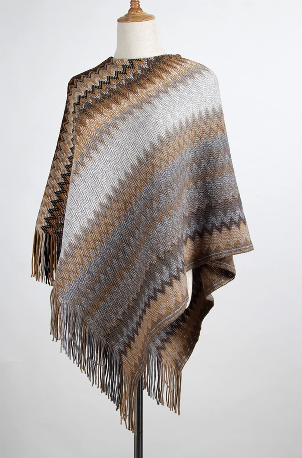 stylesilove Women Autumn Winter Knitted Zig-Zag Pullover Fringe Poncho Sweater Chevron Wrap Cape Lightweight Shawl