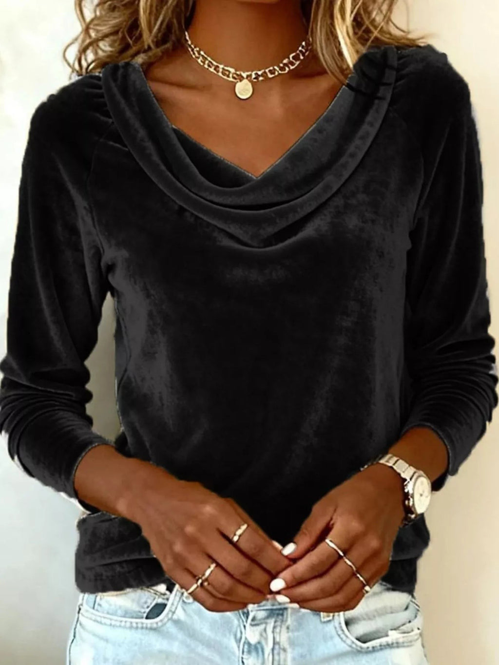 Velvet Cowl Neck Long Sleeve Tee